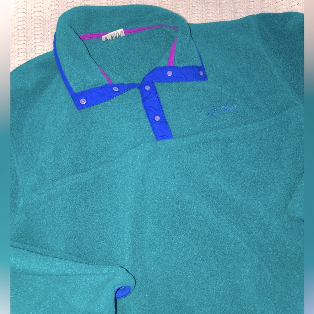Vintage 90s L.L. Bean Embroidered Teal Quarter Snap-button Pullover